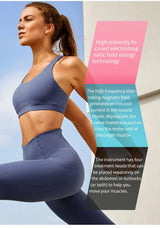 Athletic woman lifestyle image with overlay text about high-intensity electromagnetic field energy
