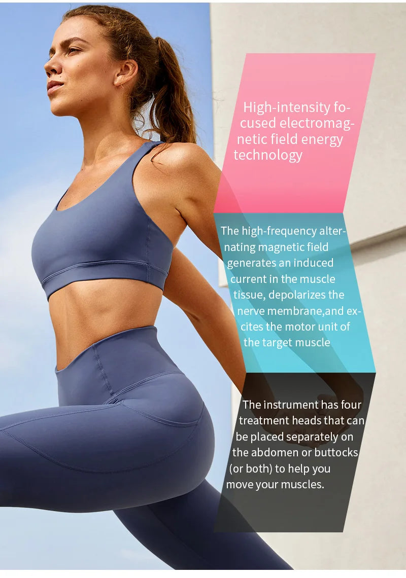 Athletic woman lifestyle image with overlay text about high-intensity electromagnetic field energy