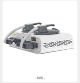 Angled rear-side view showing hose connections, power ports, and ventilation