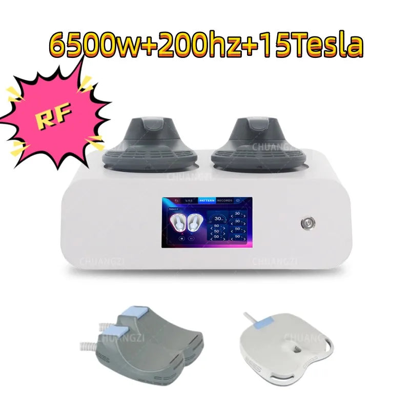 Front view with “6500W 200Hz 15 Tesla” overlay and RF badge; two body applicators plus pelvic floor pad shown below