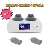 Front view with “6500W 200Hz 15 Tesla” overlay and RF badge; two body applicators shown below