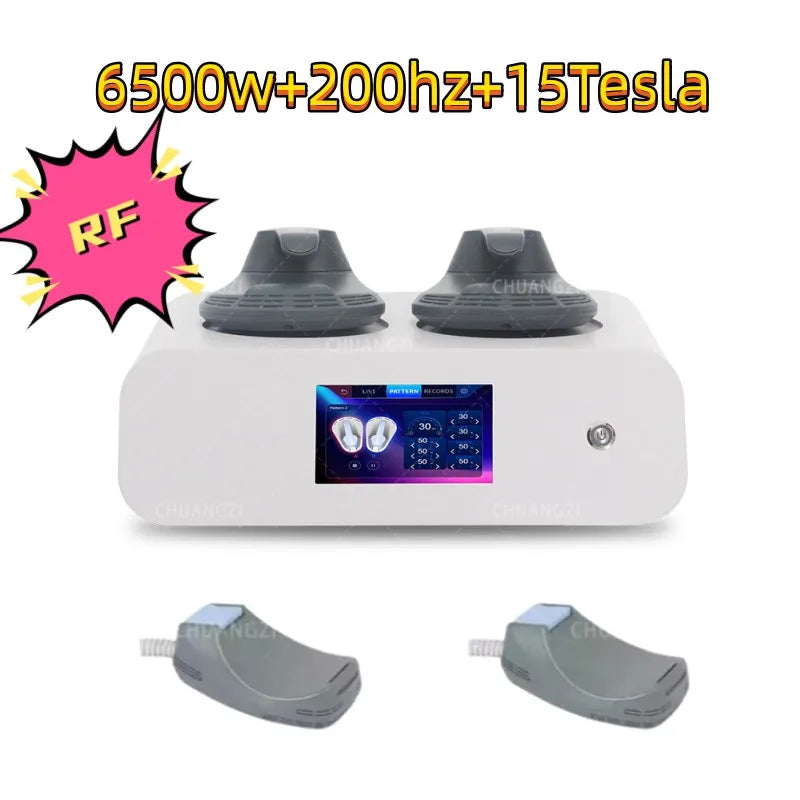 Front view with “6500W 200Hz 15 Tesla” overlay and RF badge; two body applicators shown below