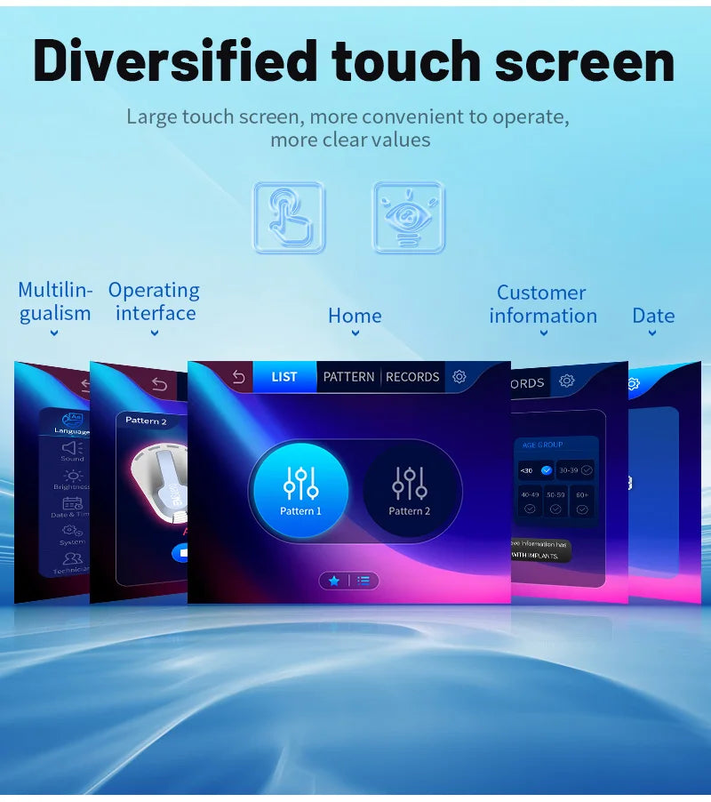 Collage of touchscreen interface screens showing List, Pattern, Records, and settings