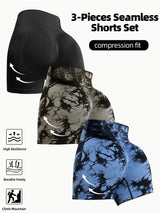3-piece seamless butt-lifting shorts set with compression fit in black, gray, and tie-dye colors, ideal for yoga and fitness.