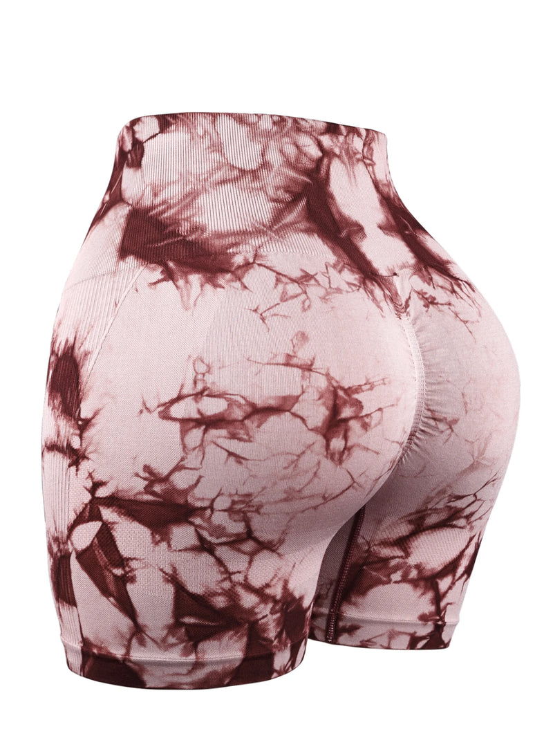 pink tie-dye seamless high-waist shorts for women, push-up fit with stretchy fabric for gym and activewear.