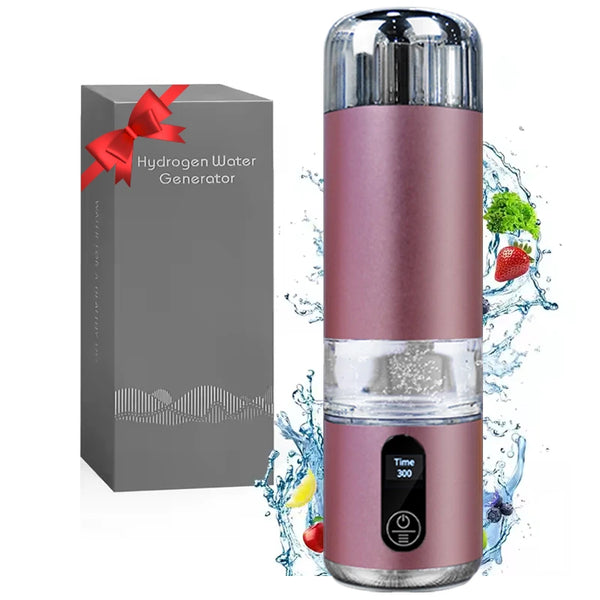 Rose gold portable hydrogen water bottle with gift box, front view.