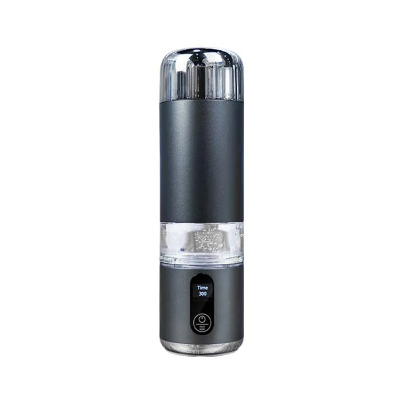Graphite portable hydrogen water bottle, front view on white background with clear chamber and 300-second display.