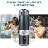 Graphite hydrogen water bottle with two lifestyle scenes in an urban setting.