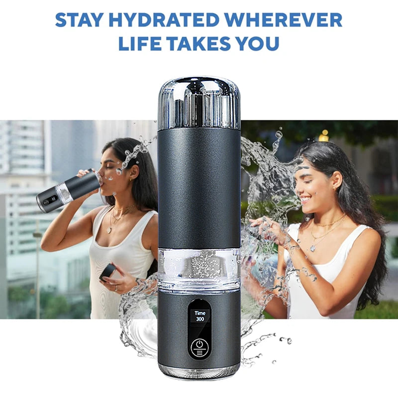 Graphite hydrogen water bottle with two lifestyle scenes in an urban setting.