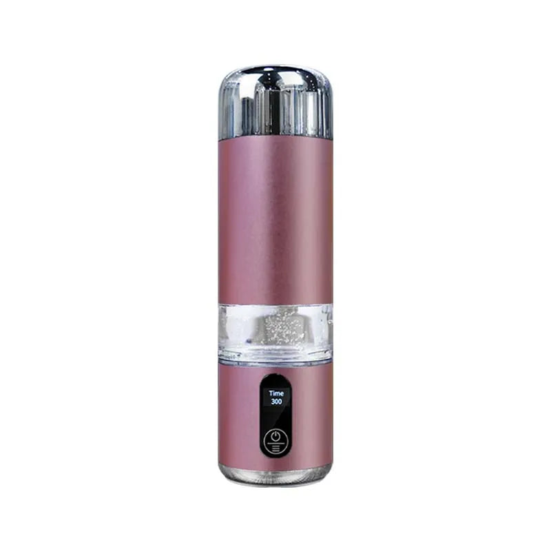 Rose gold portable hydrogen water bottle, front view on white background with clear chamber and 300-second display.