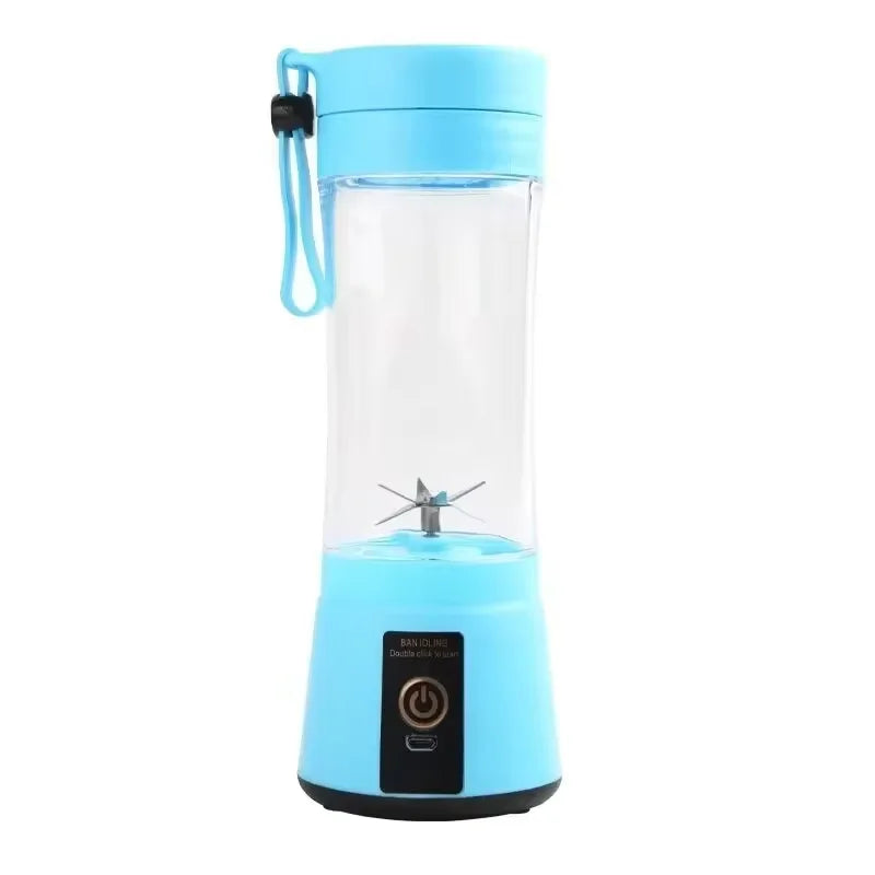Blue portable smoothie blender front view showing six-blade assembly and power button