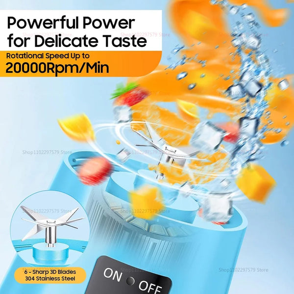 Close-up of 6-blade stainless head blending fruit and ice, rated up to 20,000 RPM