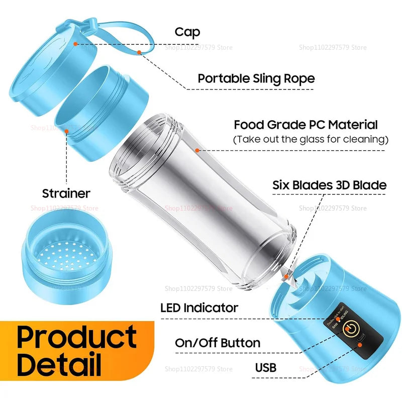 Exploded view showing cap, carry strap, food-grade cup, strainer, six-blade assembly, LED indicator, power button, and USB port