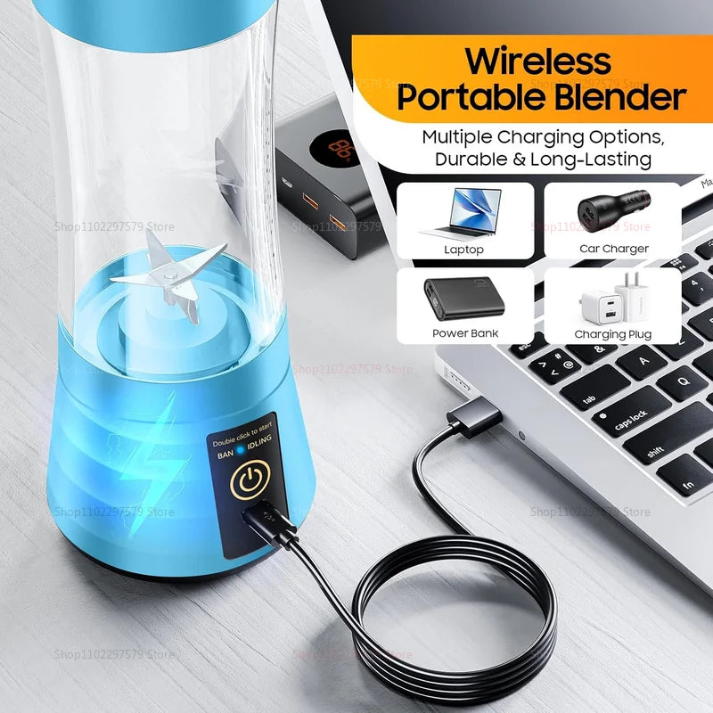 Cordless blender charging via laptop, car charger, power bank, or wall adapter