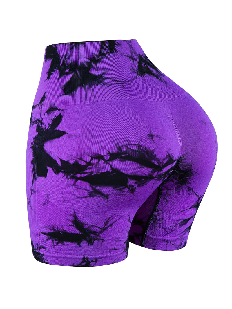 purple tie-dye seamless butt-lifting shorts with compression waist and stretch fabric for yoga and training.
