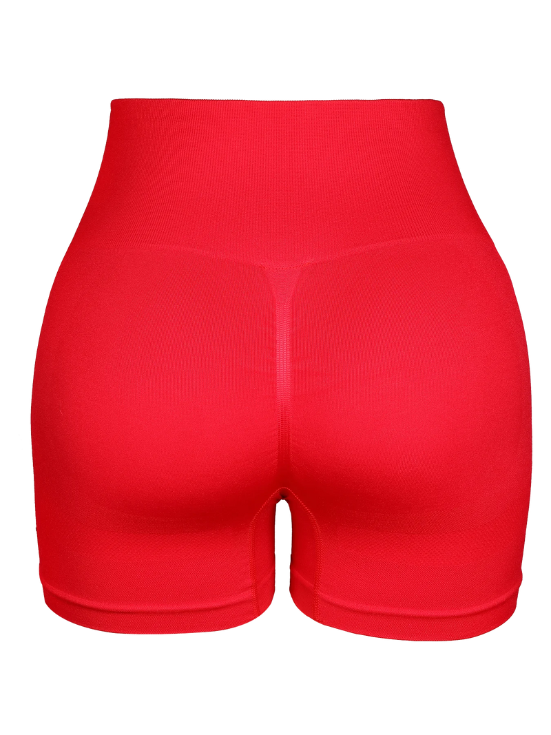 red seamless butt-lifting cycling shorts with high waistband for women’s fitness, yoga, and gym routines.