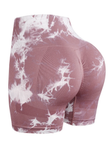 rose tie-dye seamless butt-lifting yoga shorts with high waist and compression design for gym wear.