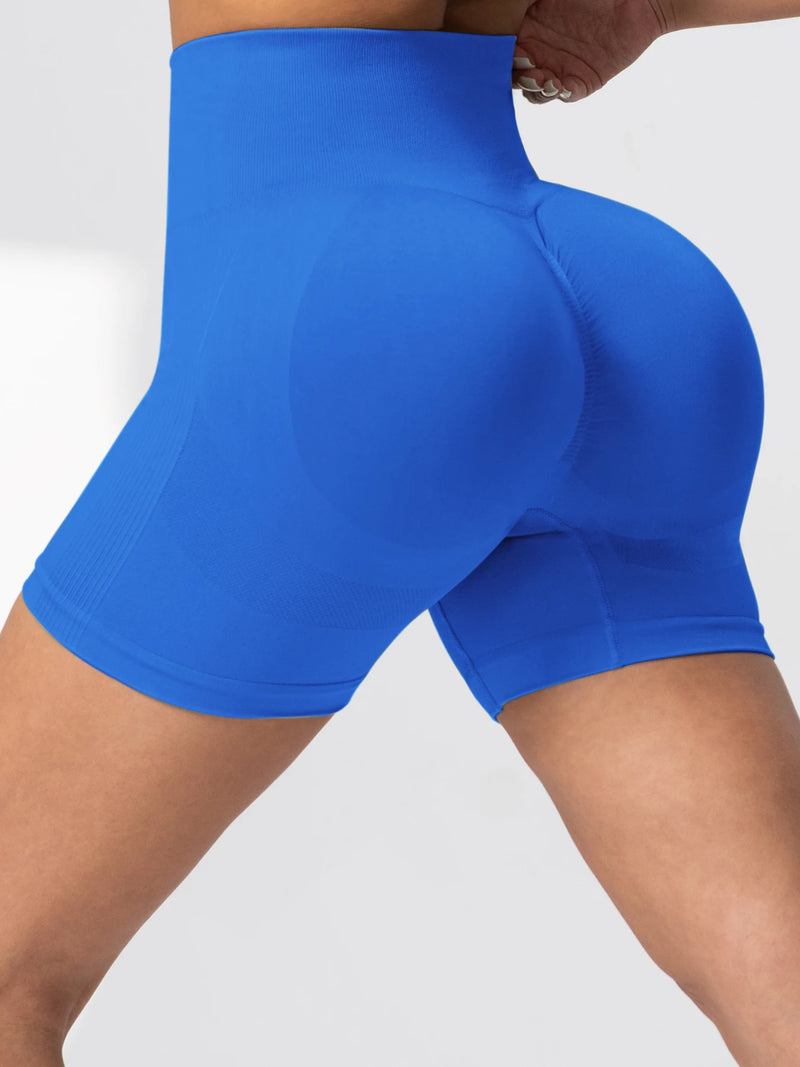 royal blue seamless high-waist shorts with butt-lifting and tummy control design for women’s workouts.