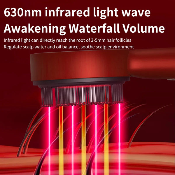 Close-up illustration of scalp massager emitting 630 nm red LED light through comb tips toward hair roots