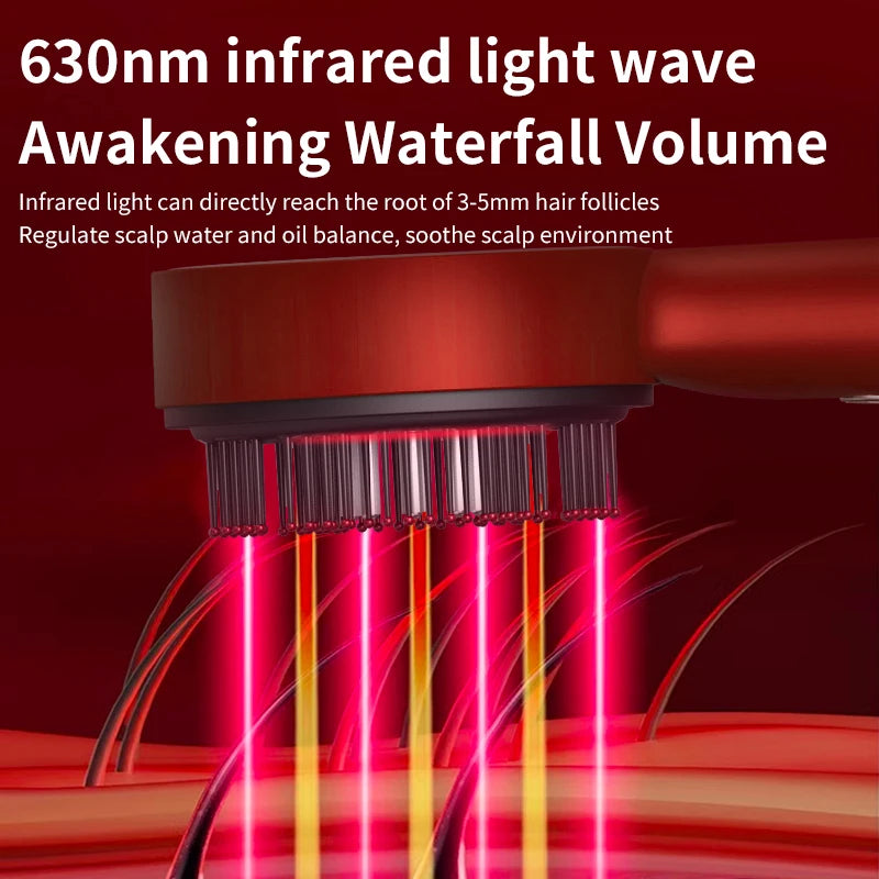 Close-up illustration of scalp massager emitting 630 nm red LED light through comb tips toward hair roots