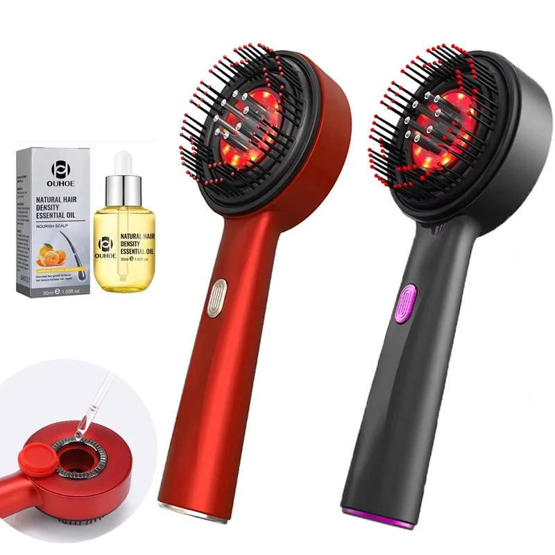Electric scalp massager combs in red and black with red LED lights and built-in oil applicator, kit shown