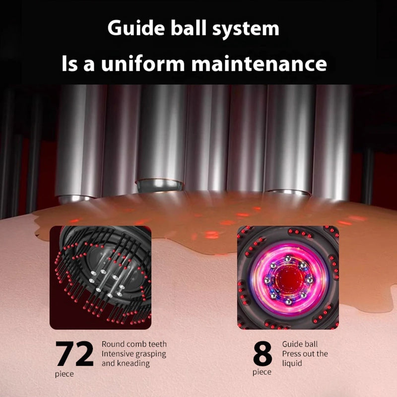 Guide-ball system diagram with 72 rounded comb teeth and 8 liquid-press guide balls for even application