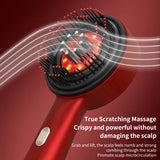 Scalp massager head with soft silicone bristles and red LEDs showing vibrating airflow effect