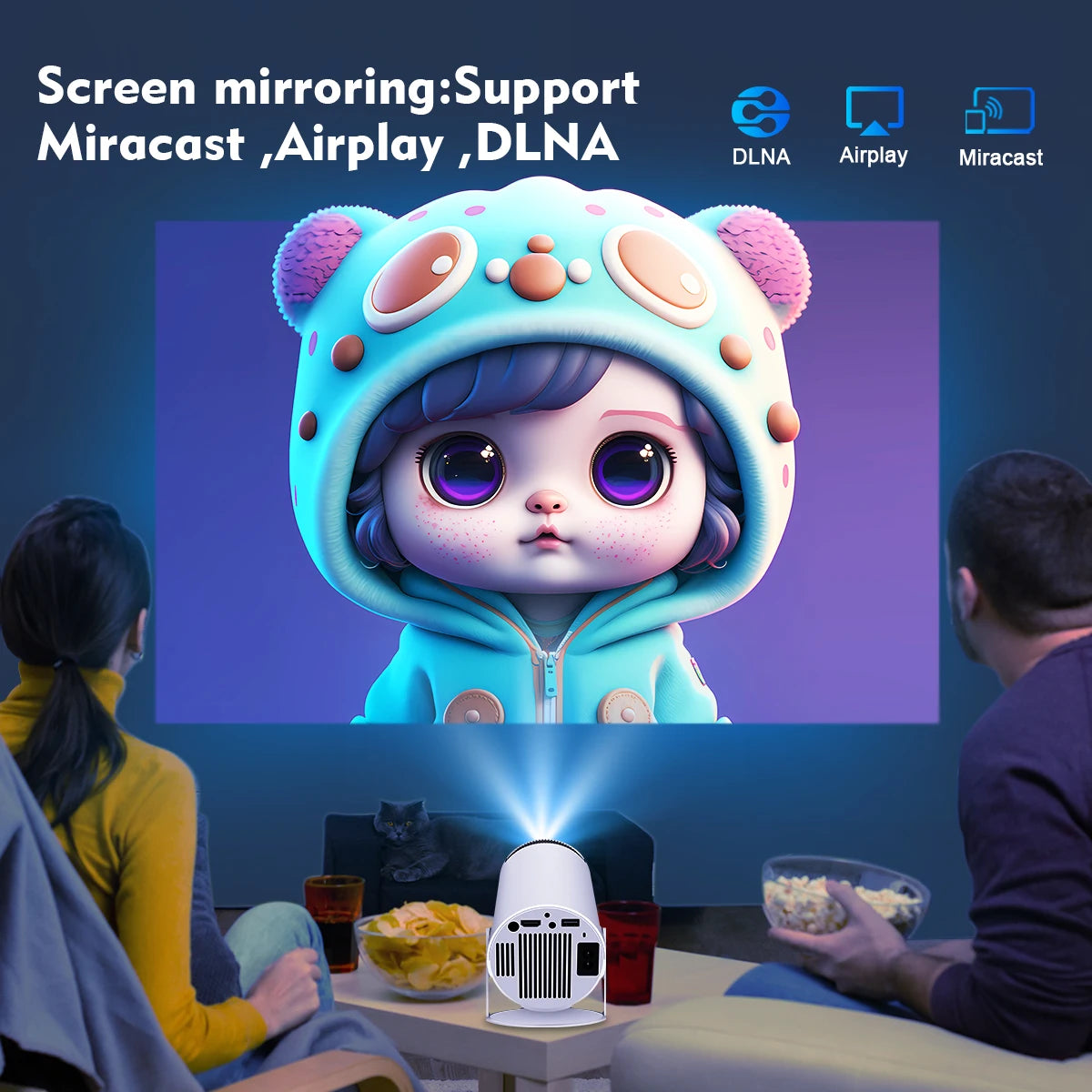HY300 Pro projector with screen mirroring support for Miracast, AirPlay, and DLNA