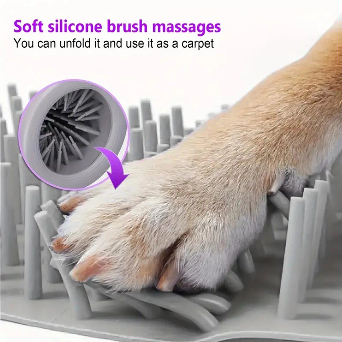 Dog paw resting on unfolded silicone brush mat – gentle massage bristles from the paw washer used as cleaning carpet