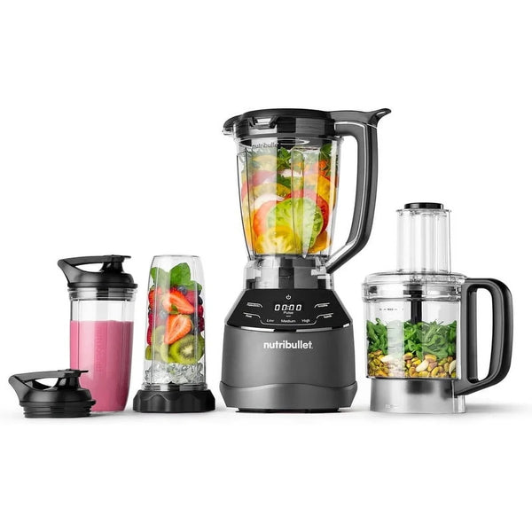 Countertop blender set with 64 oz pitcher, food processor attachment, and two to-go smoothie cups