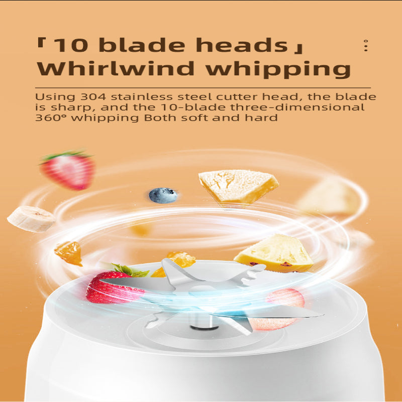 Close-up of stainless 10-blade cutter head blending fruit with a 360-degree swirling graphic