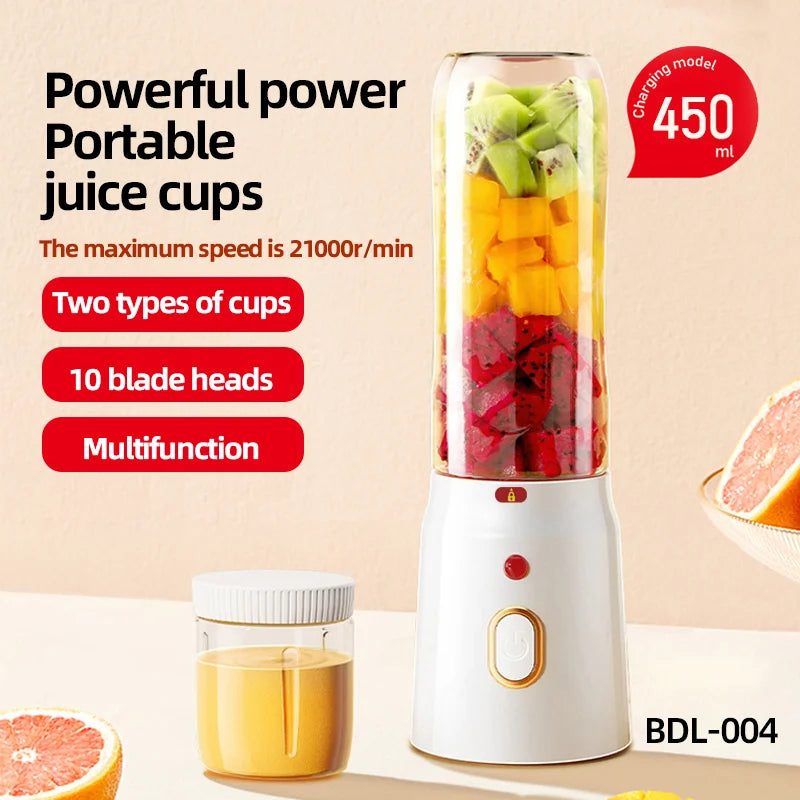 USB rechargeable portable blender, 450 mL tall cup with fruit and small food cup, white base with gold accent
