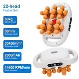 22-Head white fascia gun with 30 mm massage depth, 60 kg thrust, 14,400 RPM peak vibration