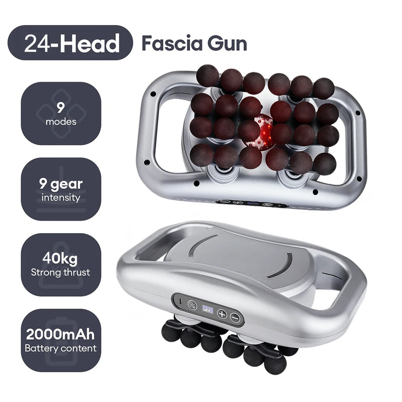 24-Head silver fascia gun featuring 9 modes, adjustable intensity, and rechargeable 2000 mAh battery.