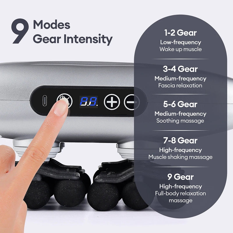 Control panel of fascia gun showing 9 modes and variable gear intensity for customized massage.