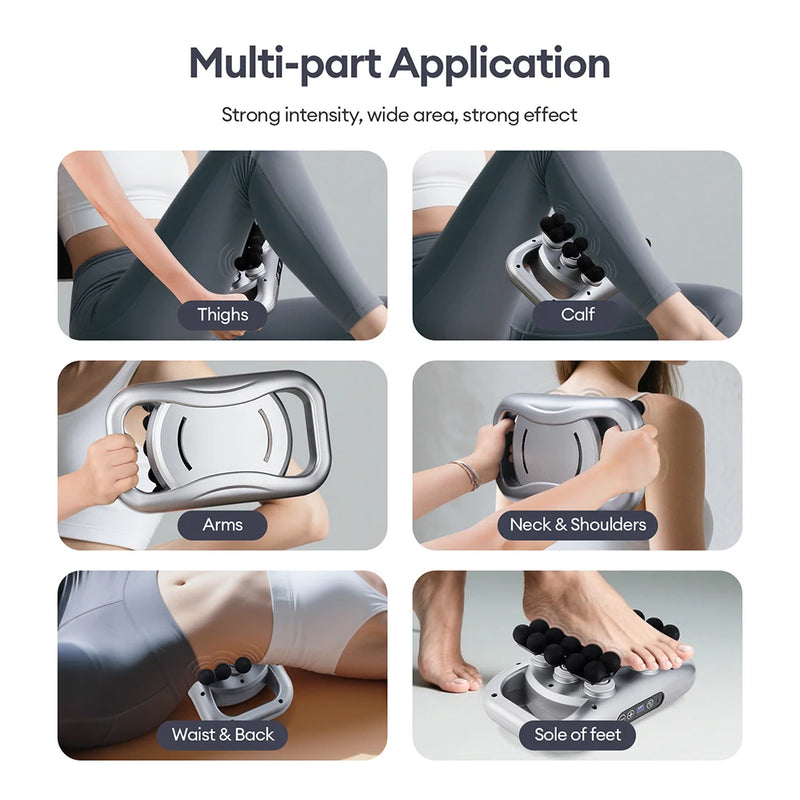 30-head fascia gun application guide showing use on thighs, calf, arms, neck and shoulders, waist and back, and soles of feet.