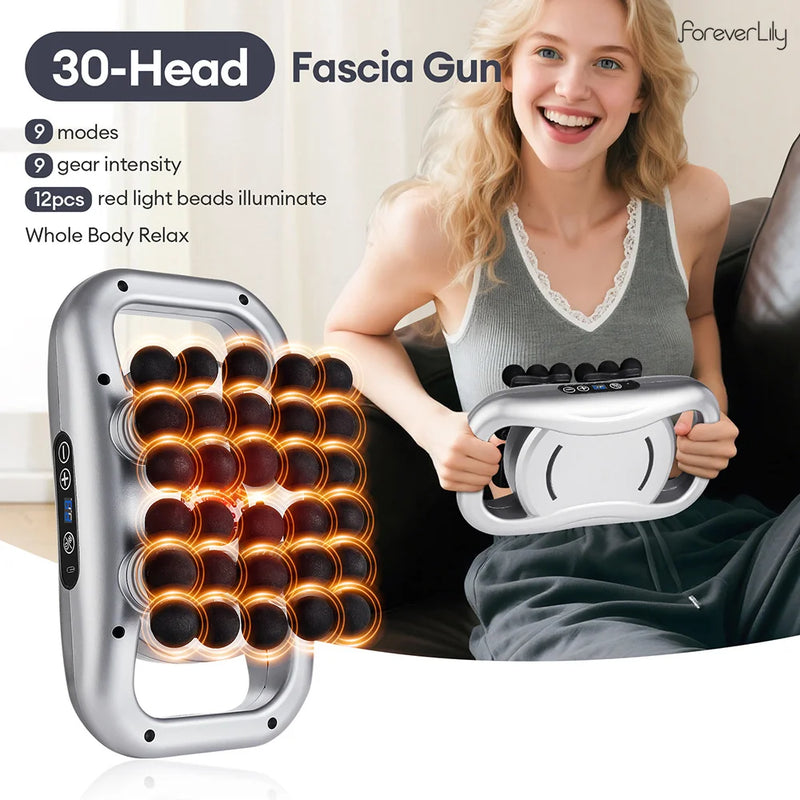 30-head fascia gun massager with 9 modes, 9 gear intensity, and red-light beads in a handheld dual-handle design.