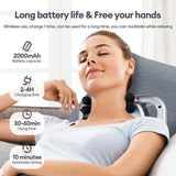 Woman relaxing while using wireless fascia gun; 2000 mAh battery, 2–4 h charge, auto 10-min timer.