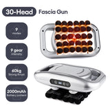 30-Head fascia gun overview highlighting 9 modes, 9 gears, 60 kg thrust, and 2000 mAh battery.