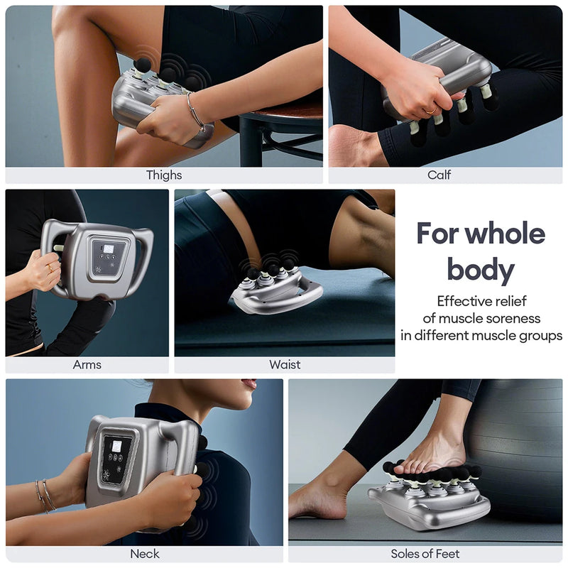 How to use the fascia gun on thighs, calves, arms, waist, neck, and soles of feet for whole-body muscle relaxation.