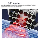 Red-light 630–650 nm and high-frequency vibration from fascia gun working on stiff muscles to promote circulation and relaxation.