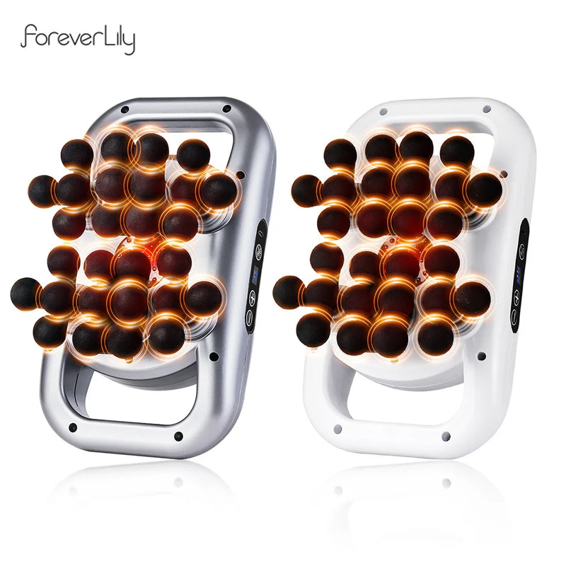 Product shot of fascia gun in silver and white finishes with illuminated massage heads.

