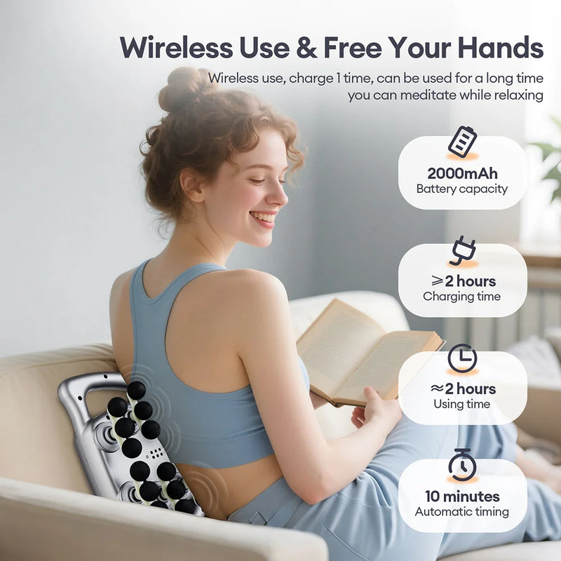 Wireless fascia gun in use on the back—2000mAh battery, ≈2 hours use time, ≥2 hours charge time, 10-minute auto timing.