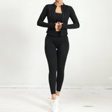 Black women’s 2-piece yoga outfit with open zip jacket and high-waist leggings, front view.