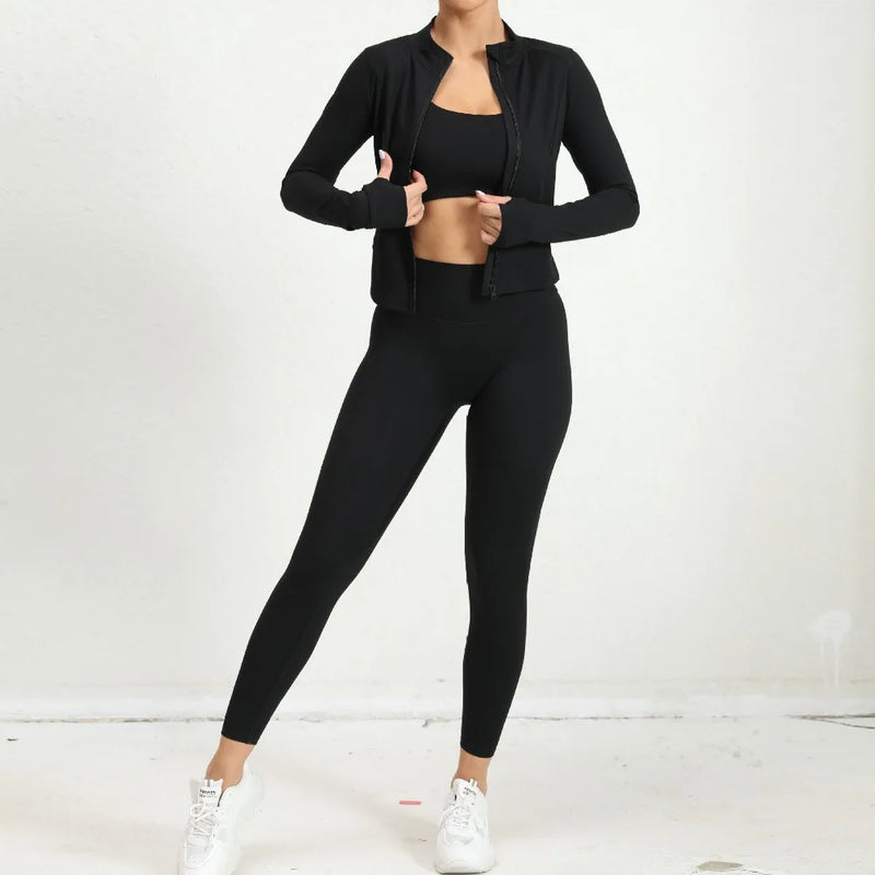 Black yoga set with open zip jacket and matching leggings, sporty front pose.