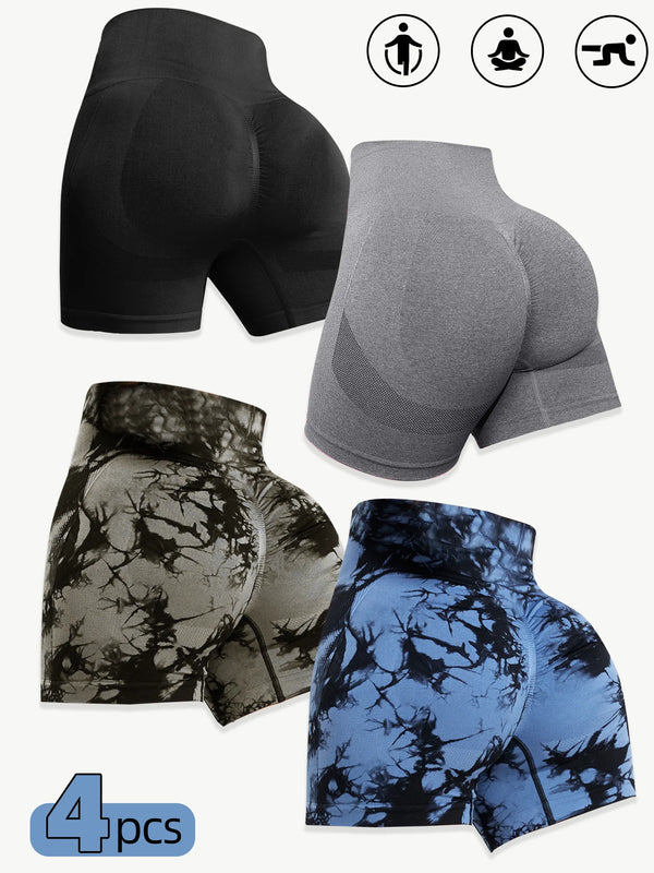 4-pack women’s seamless high-waist butt-lifting cycling shorts in black, gray, blue, and tie-dye for yoga, gym, and workouts.