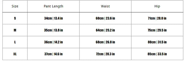 size chart for women’s seamless cycling shorts showing pant length, waist, and hip measurements in cm and inches.