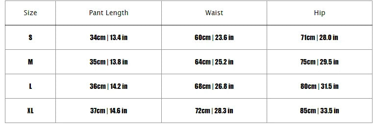 size chart for women’s seamless cycling shorts showing pant length, waist, and hip measurements in cm and inches.