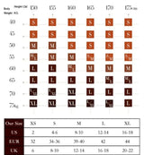Size chart showing women’s yoga set fit guide by height and weight, US-EU-UK conversions.