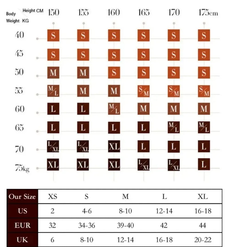 Size chart showing women’s yoga set fit guide by height and weight, US-EU-UK conversions.